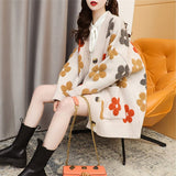 Women Knitted Cardigan Flower Pattern Casual Loose Jacket