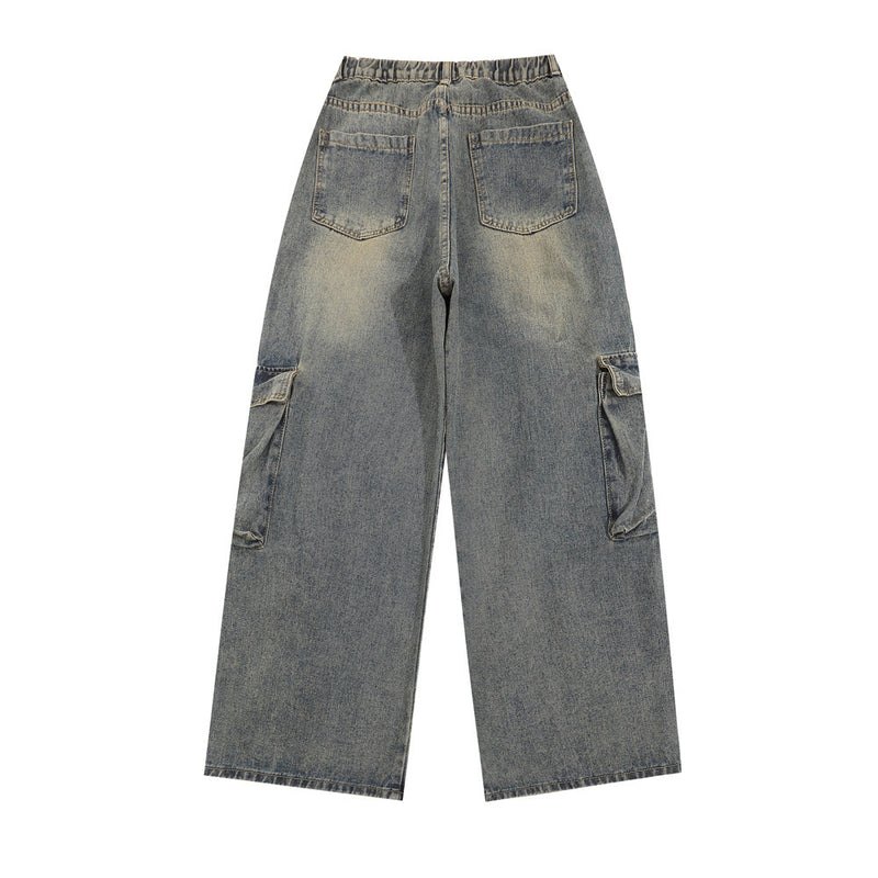 Men Jeans Multi-Pocket Workwear Jeans Retro Washed Loose