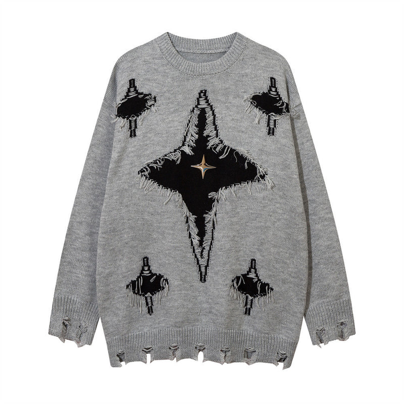 Men Sweater Cross Cat Fringe Ragged Sleeve Sweater