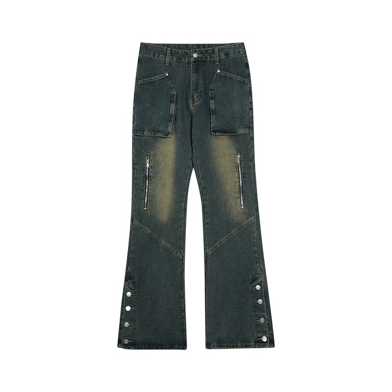 Men Jeans Punk Bell-Bottom Pants Loose Breasted Slit