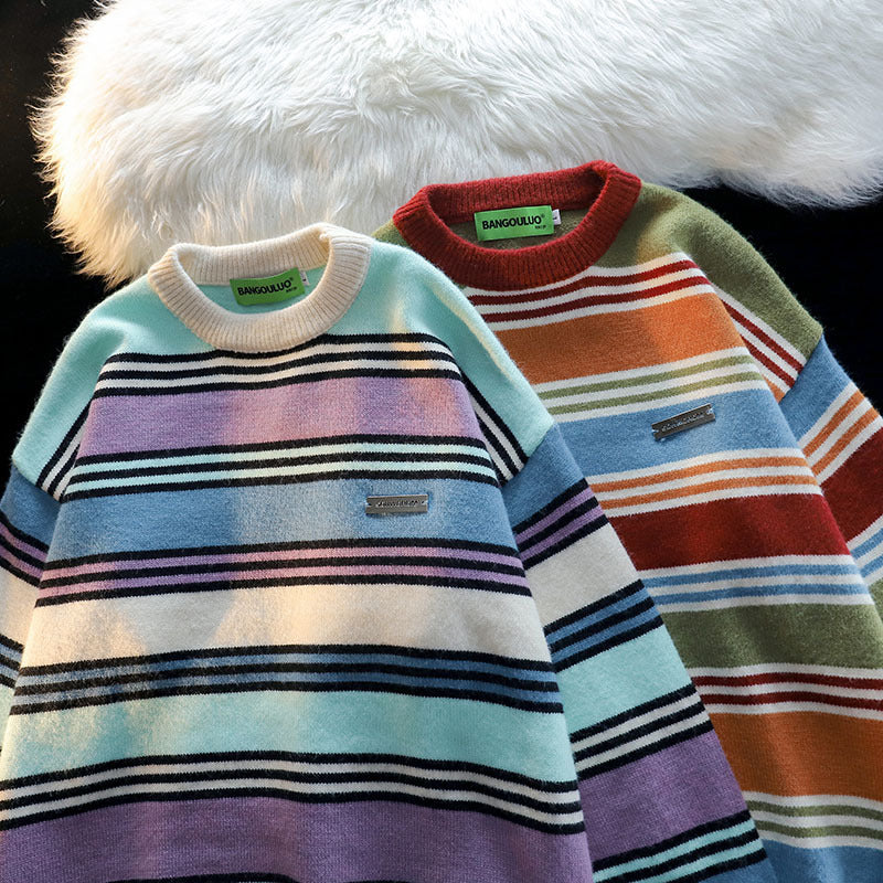 Women Sweater Preppy Style Contrast Color Striped Knitted Top Versatile