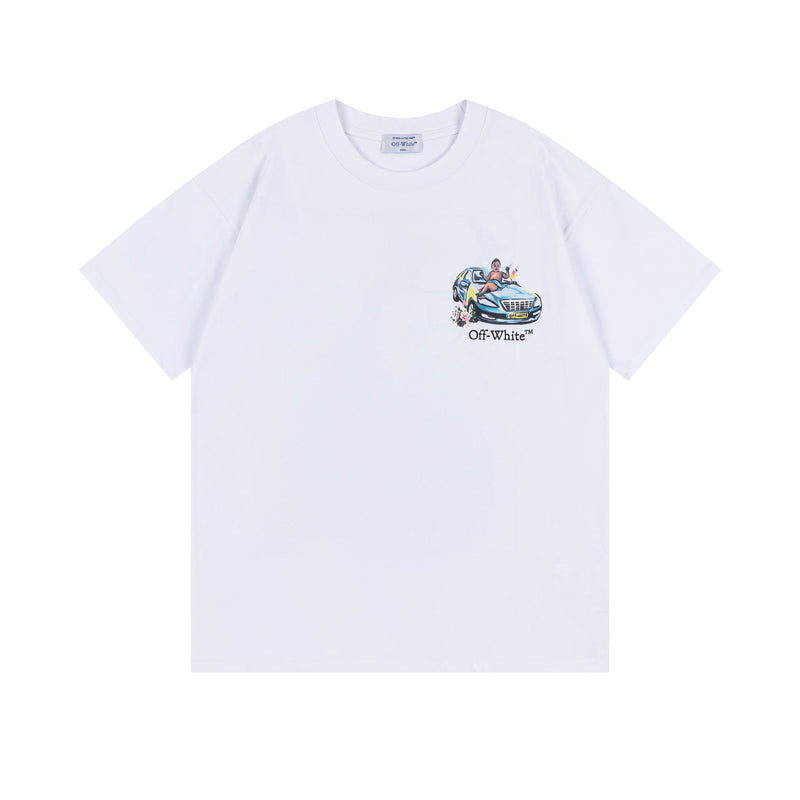 Off White T Shirts OW Angel Car Pattern Crew Neck Pullover Short Sleeves