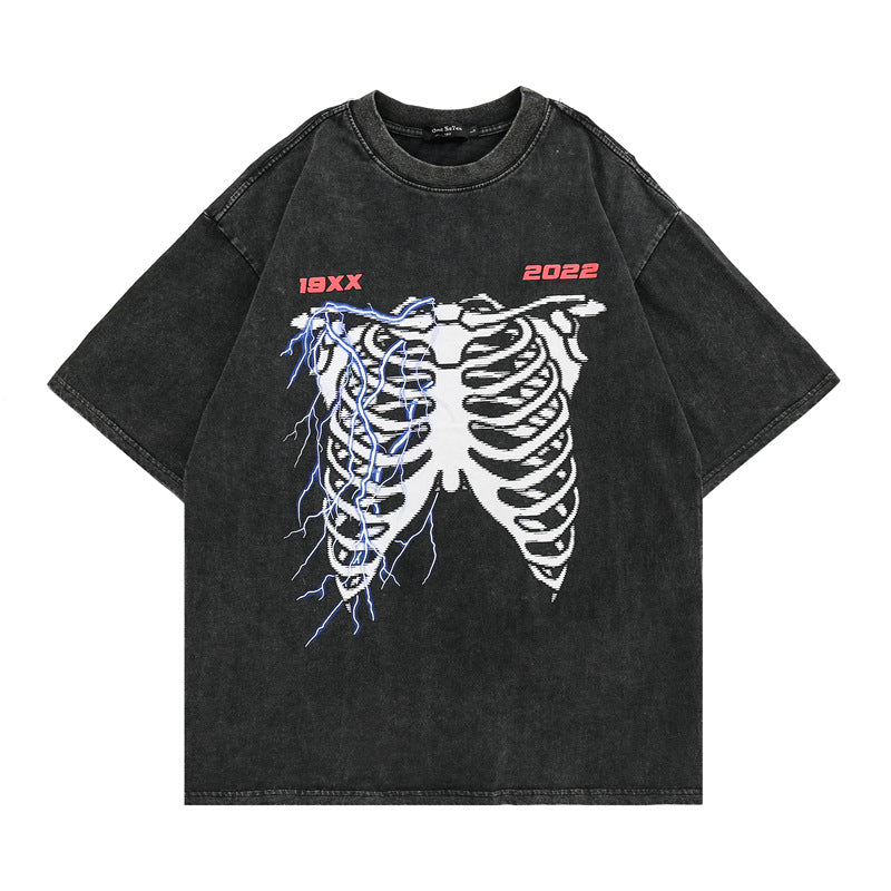 Men T-Shirt Rib Head Print Retro Distressed Loose