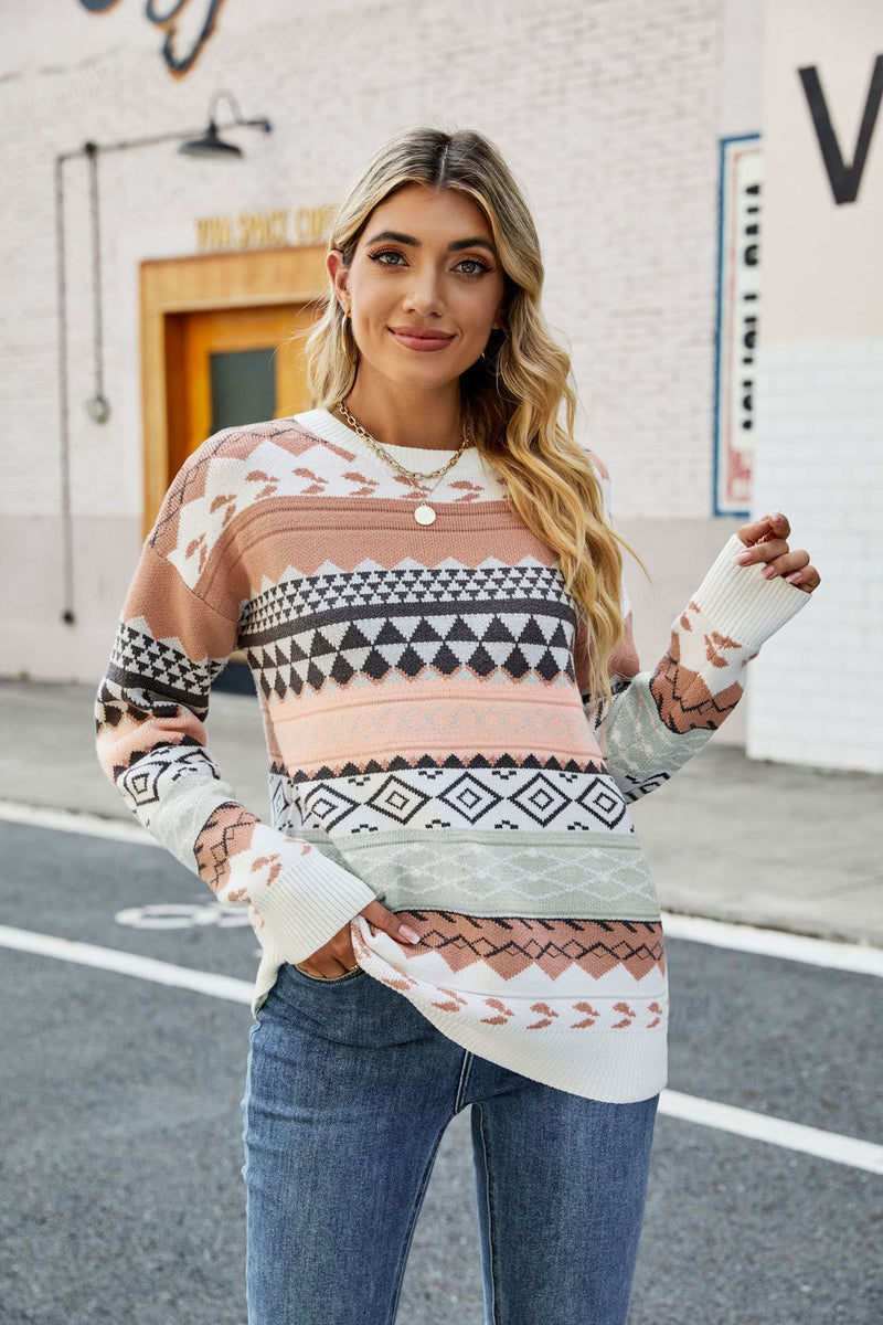Women Pullover Sweater Diamond Patterns Knitwear