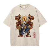 Men Washed Apricot T-Shirt Hip Hop Streetwear Anime Graphic