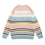 Women Sweater Vintage Mixed Color Stripe Knitted Sweater