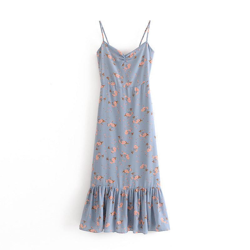 Women Dresses Pastoral Style Floral Tight Waist Slimming Dress