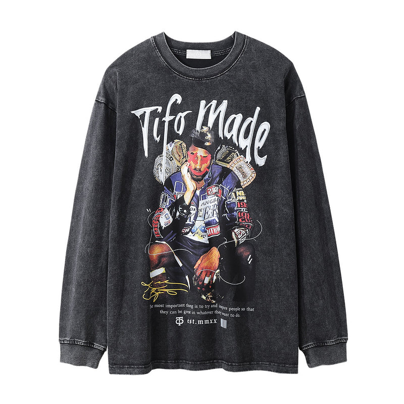 Men Long Sleeve T-Shirt Rapper Character Print Hip Hop Rock Loose Distressed