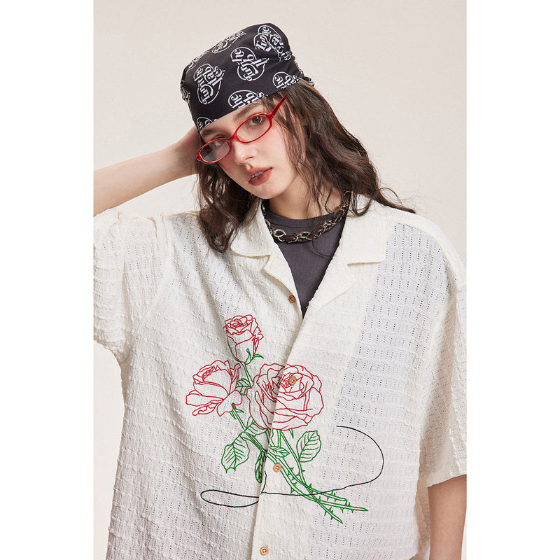 Unisex Shirt Loose Vacation Rose Embroidered Coat