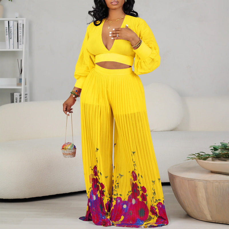 Women Jumpsuit V-neck Chiffon Bishop Sleeves Top