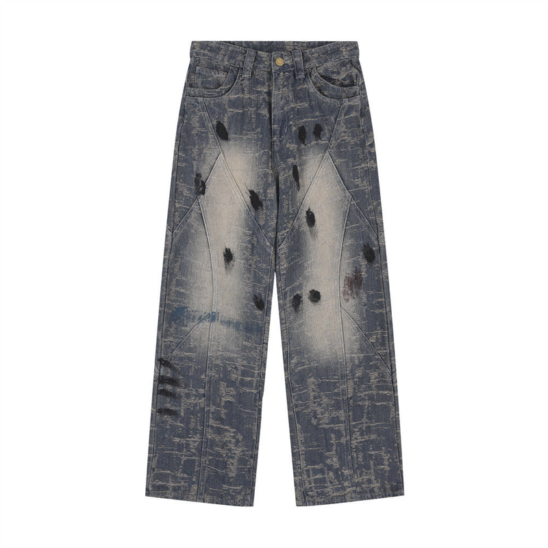Men Jeans Stitching Polished White Distressed Jacquard Splash-Ink