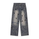 Men Jeans Stitching Polished White Distressed Jacquard Splash-Ink