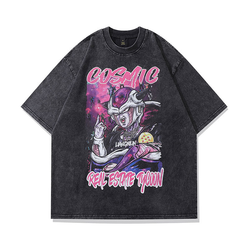 Men T-Shirt Retro Cartoon Washed Old All-Matching