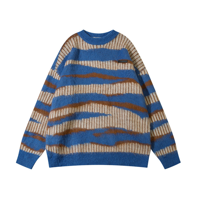 Men Sweater Striped with Fleece Lining Crew Neck Sweater