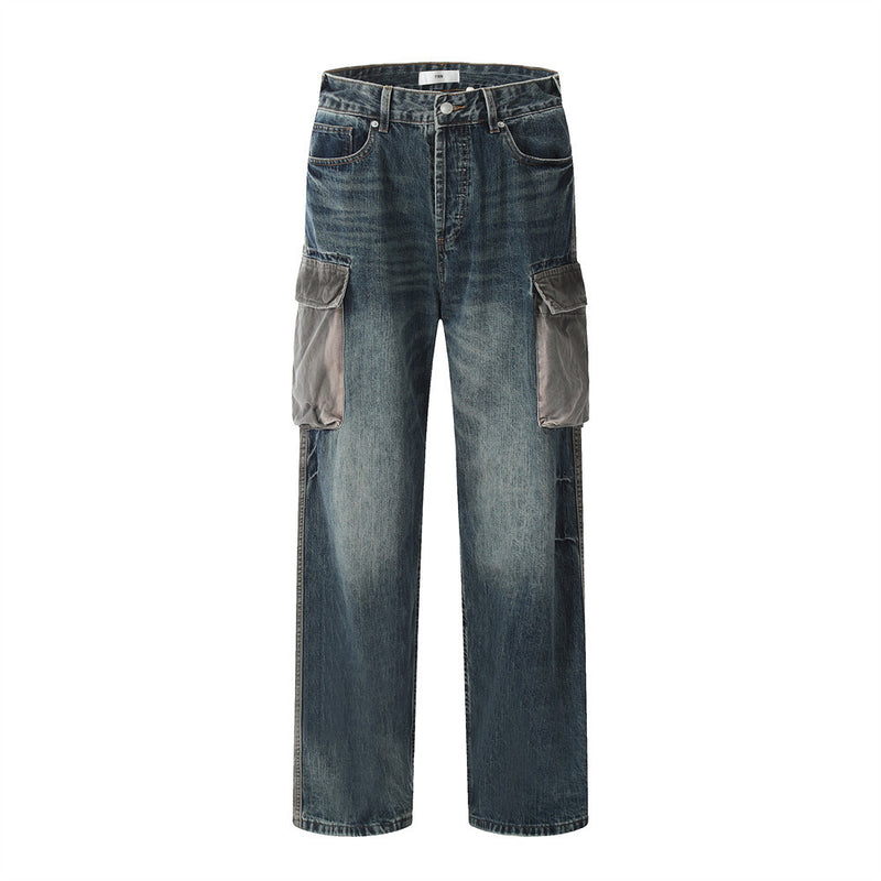Men Jeans Stitching Trendy Loose Multi-Pocket