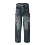 Men Jeans Stitching Trendy Loose Multi-Pocket