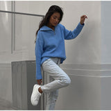 Women Work Business Casual Sweaters Zipper Loose Knitted Sweater