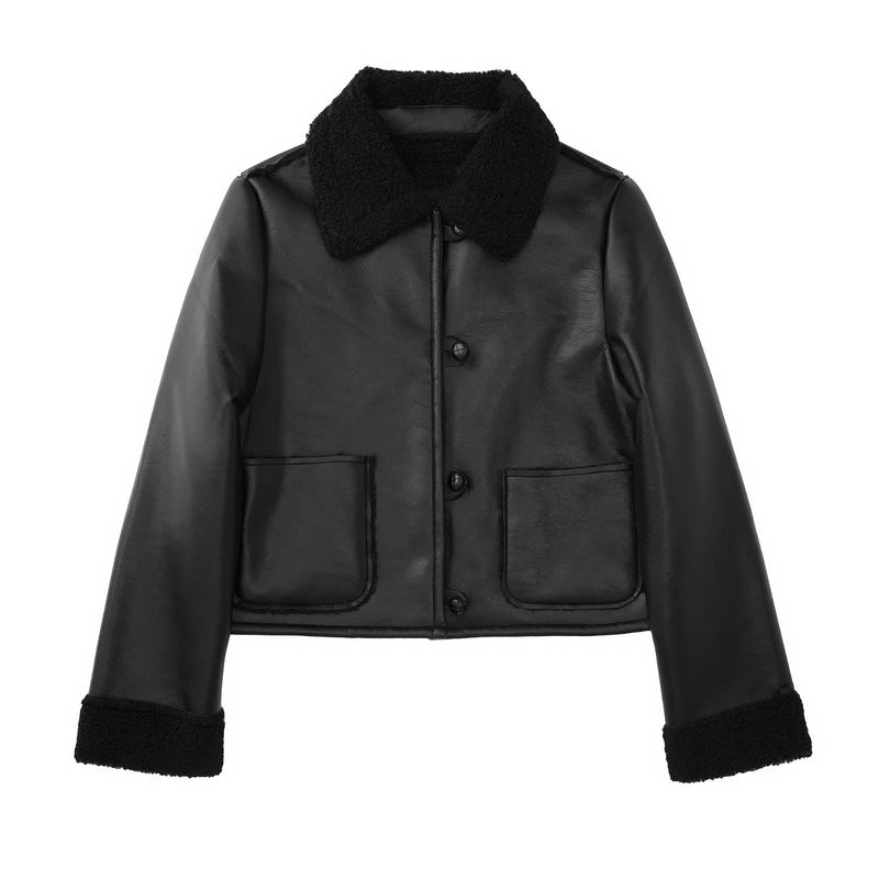 Women Cotton Coat Casual Loose Fleece-lined Imitation Leather Jacket