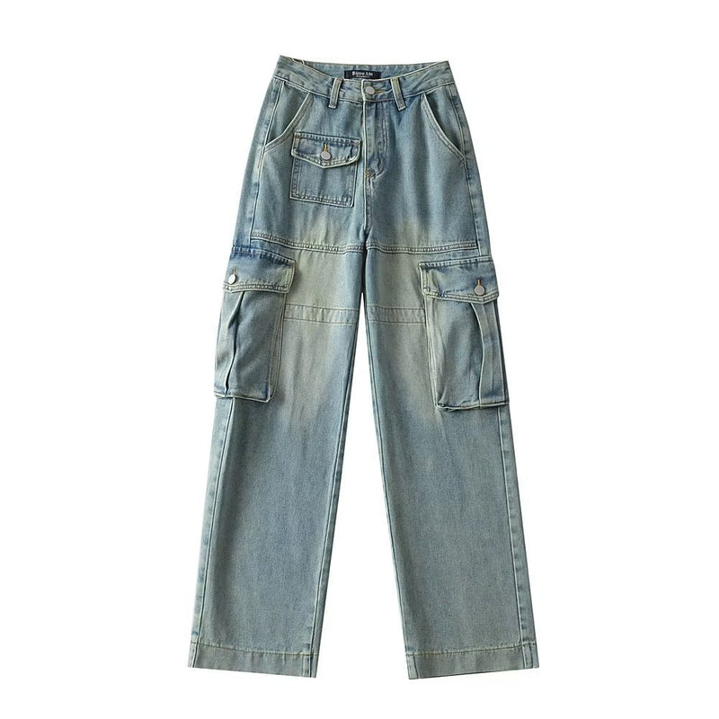 Women Jeans Retro Loose Cargo Multi-Pocket