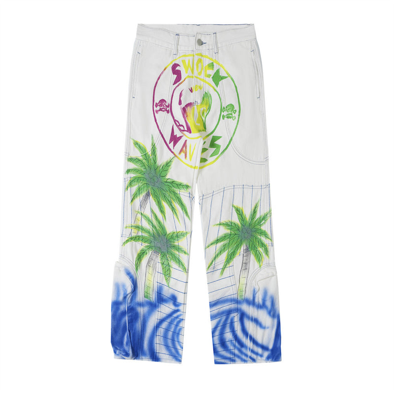 Men Jeans Hip Hop Coconut Tree Niche Personality Pattern