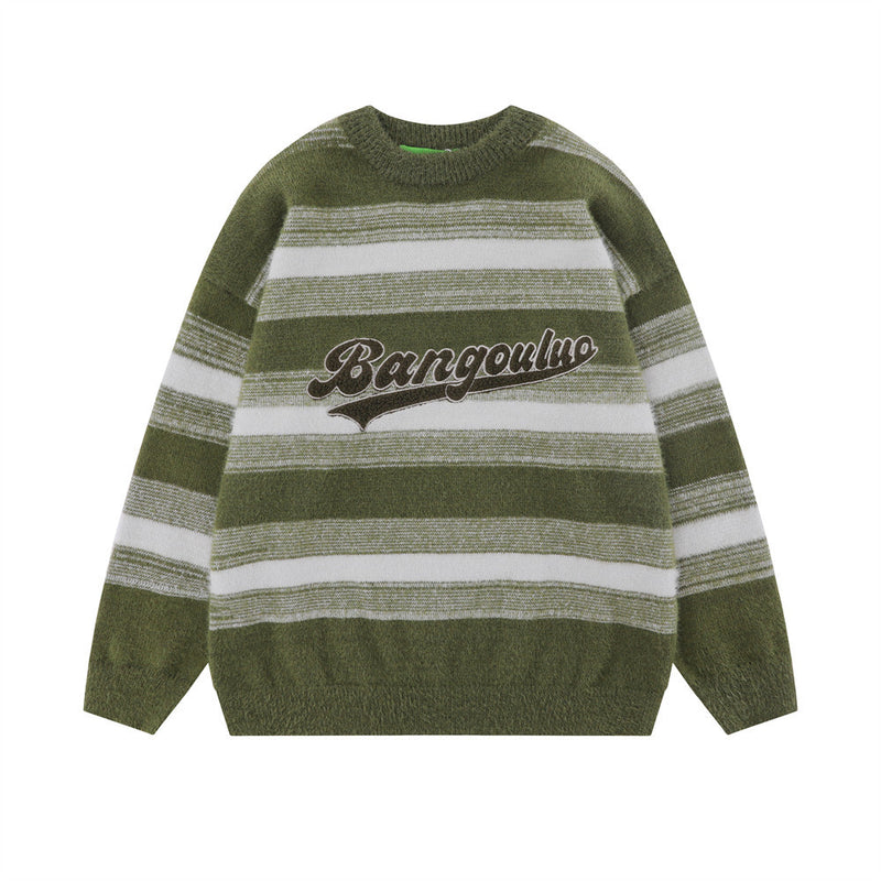 Men Sweater Striped with Fleece Lining Sweater Loose