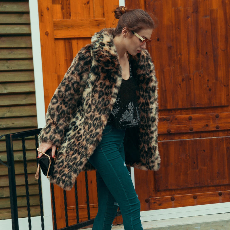 Women Fur Jacket Fashion Leopard Print Thickened Fleece Coat