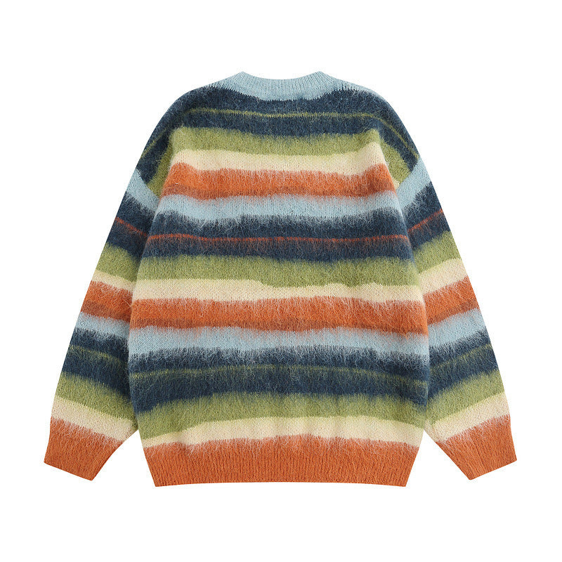 Women Sweater Vintage Contrast Color Striped Embroidered Knitted Sweater