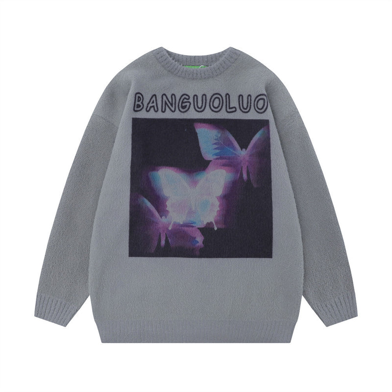 Men Sweater Butterfly Print Sweater plus Velvet Thickening