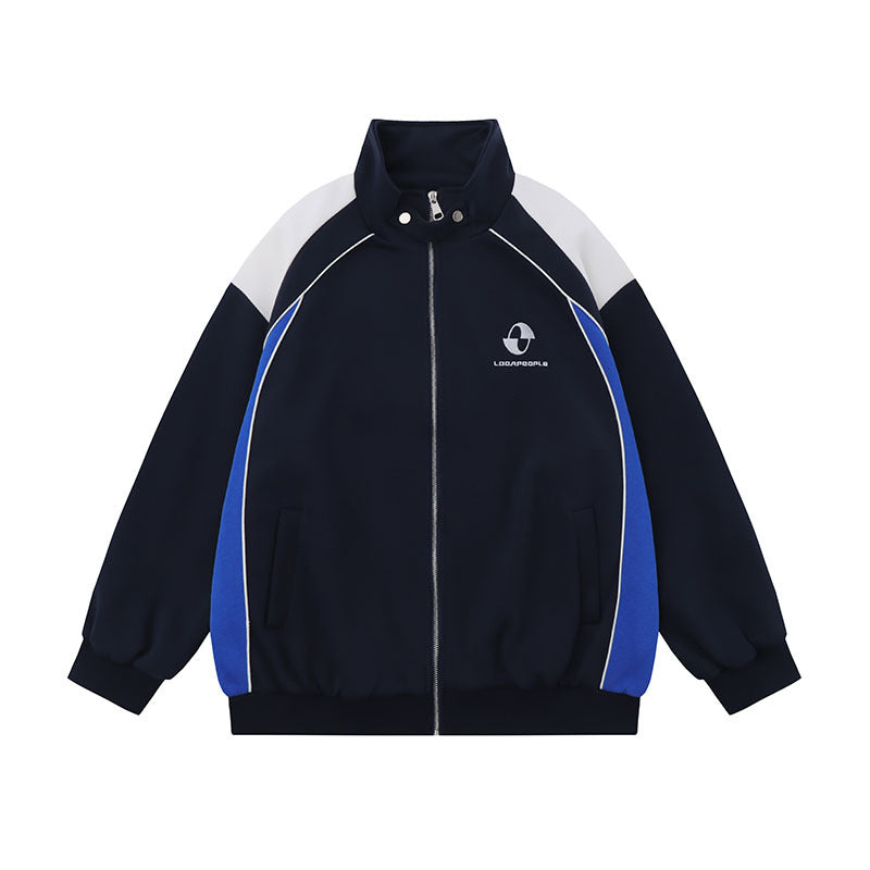 Women Jackets Color Stitching Stand-Collar Zipper Retro Sports