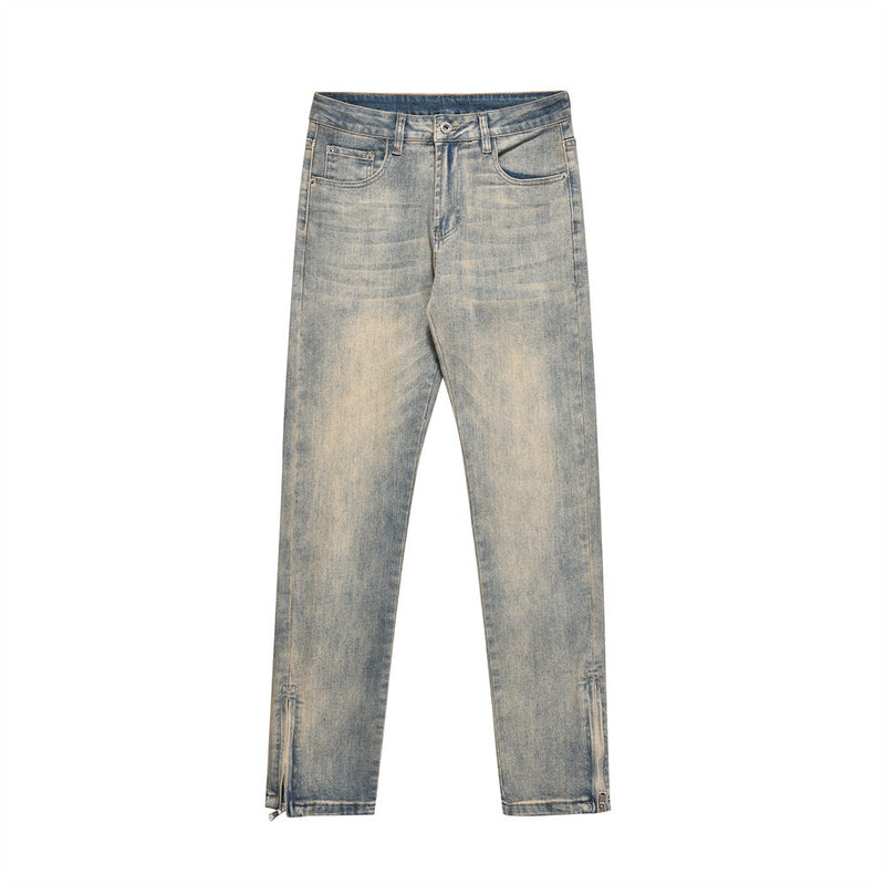 Men Jeans Old Yellow Loose Zip