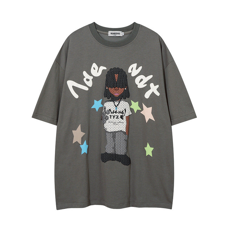 Men T-Shirt Retro Cartoon Puff Print Oversize