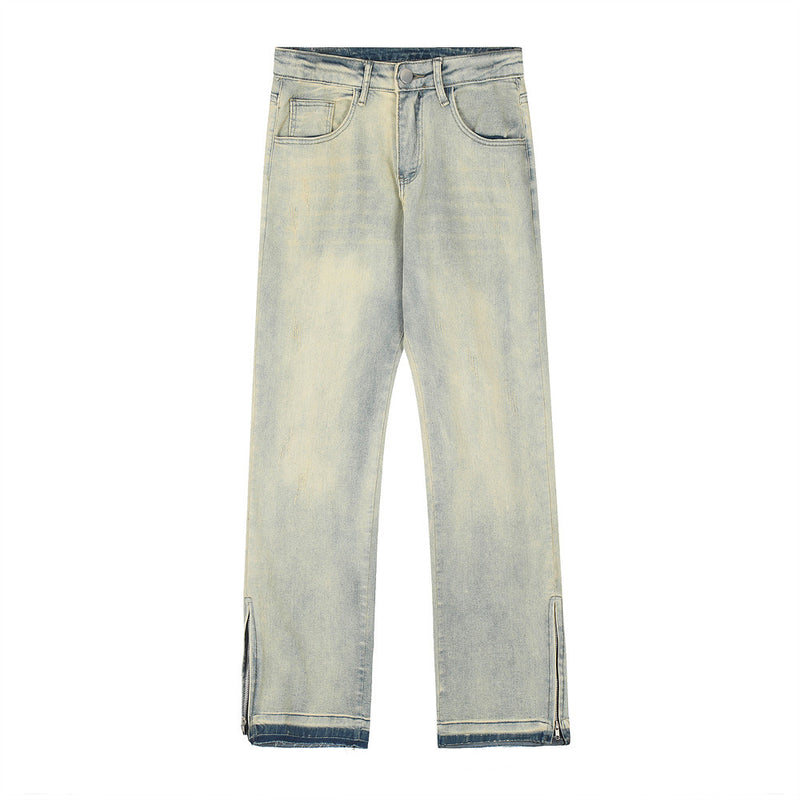 Men Jeans Vintage Yellow Mud Zipper Slit Loose