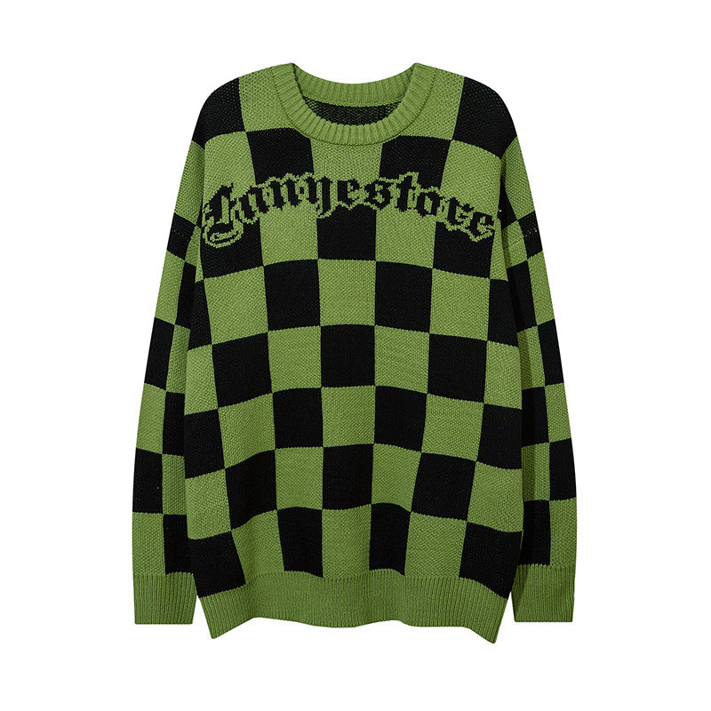 Women Sweater Vintage Chessboard Plaid Loose Knitwear