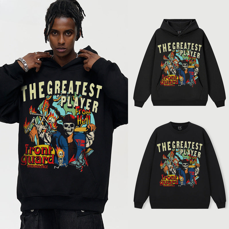 Vintage Hoodie Flame Skull Vintage Hooded Crew Neck Sweater Loose