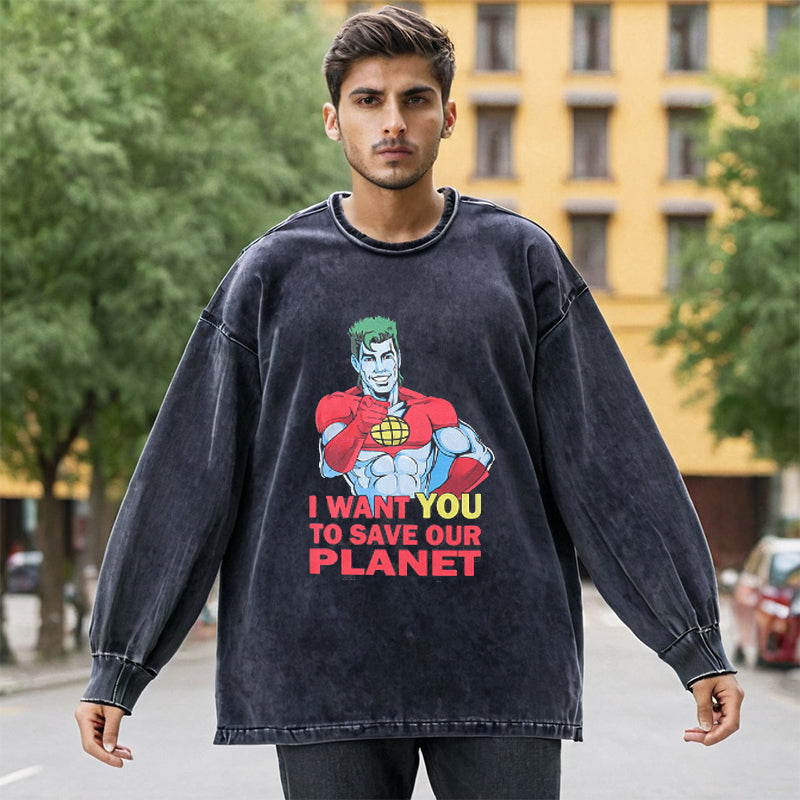 Mens Vintage Long Sleeve Shirt Autumn T-Shirt Cartoon Print Round