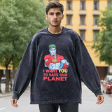 Mens Vintage Long Sleeve Shirt Autumn T-Shirt Cartoon Print Round