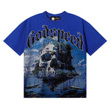 Godspeed T Shirts Skull Landscape Printing Cotton Casual Short Sleeves Men and Women