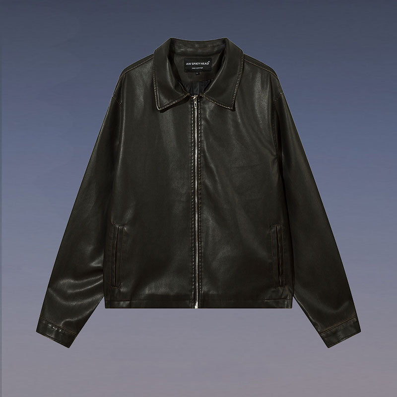 Women Jackets Solid Color Vintage PU Leather Jacket Zipper