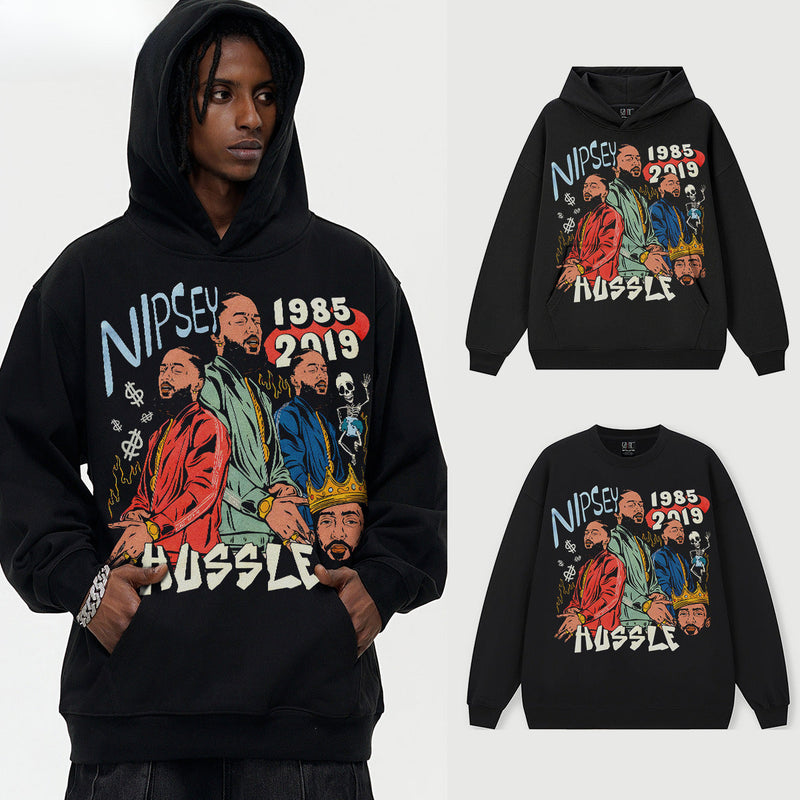 Vintage Hoodie American Vintage Print Solid Color Hooded Crew Neck Sweater