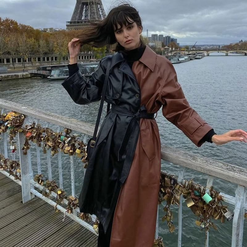 Women Trench Coat Mid-Length Temperament PU Leather Jacket