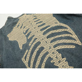 Unisex Denim Jacket Skeleton Embroidered Loose Cardigan Denim Jacket