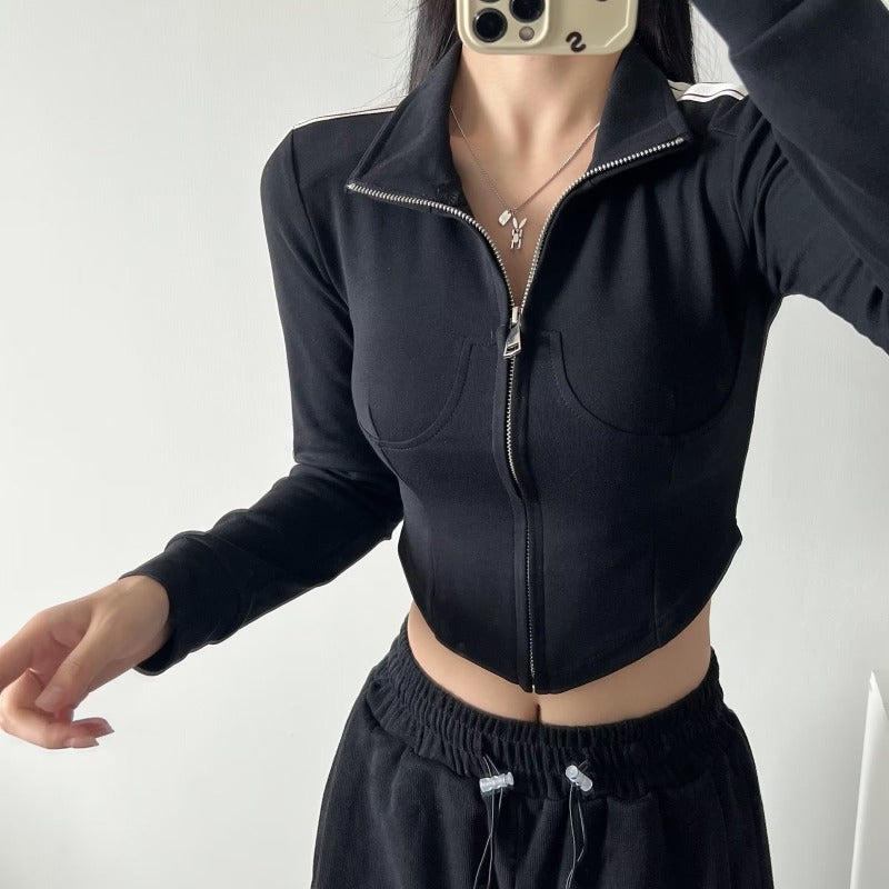 Women Hoodie Striped Stitching Tight Sports Sweater