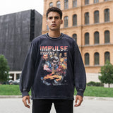 Mens Vintage Long Sleeve Shirt Printed Washed Long Sleeve T-Shirt