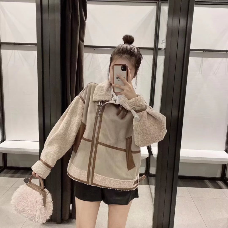 Women Cotton Coat Motorcycle Jacket Imitation Lamb Wool