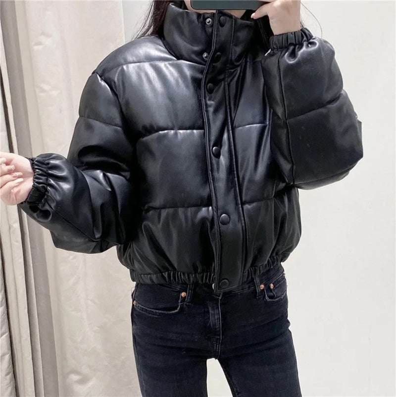 Women Cotton Coat Casual Faux Leather Cotton Jacket