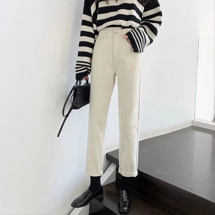 Women Jeans Retro Loose Slimming Fleece