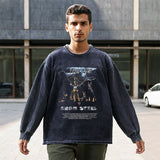 Mens Vintage Long Sleeve Shirt Printed Wash Sweater Men