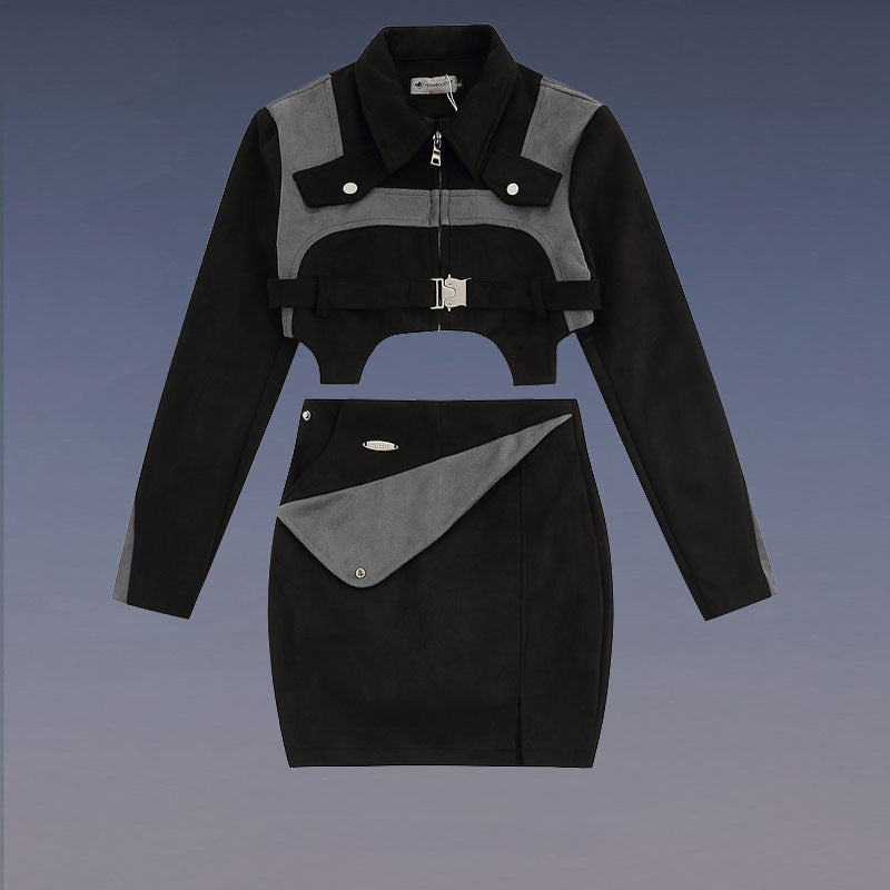 Women Jackets Retro Patchwork Irregular Skirt Suit