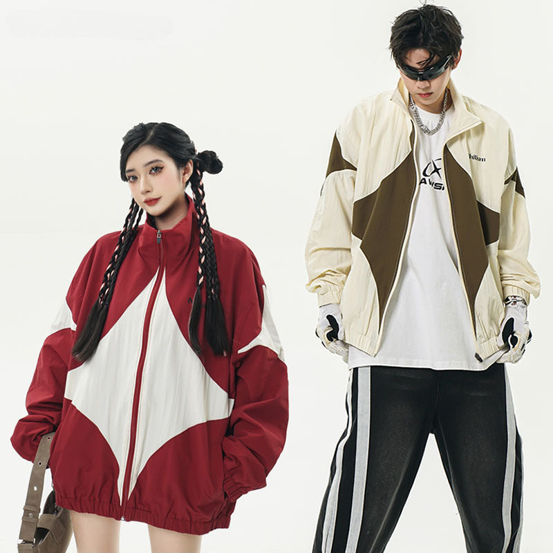 Women Jackets Vintage Contrast Color Sports Trench Coat Oversize