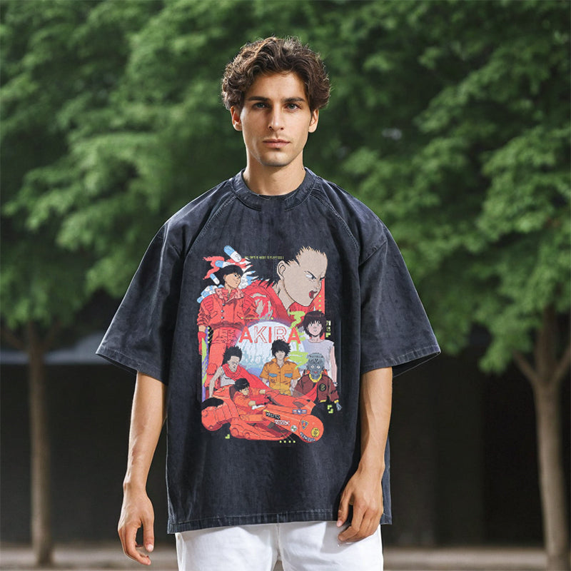Mens Vintage T Shirt Print Vintage Washed Crew Neck